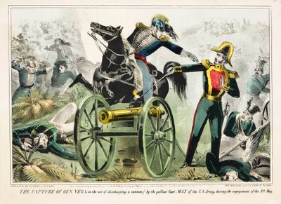 La captura del General Vega, en el acto de disparar un cañón, por el valiente Capitán May del Ejército de EE.UU., durante el enfrentamiento del 9 de mayo, pub. 1846 de American School